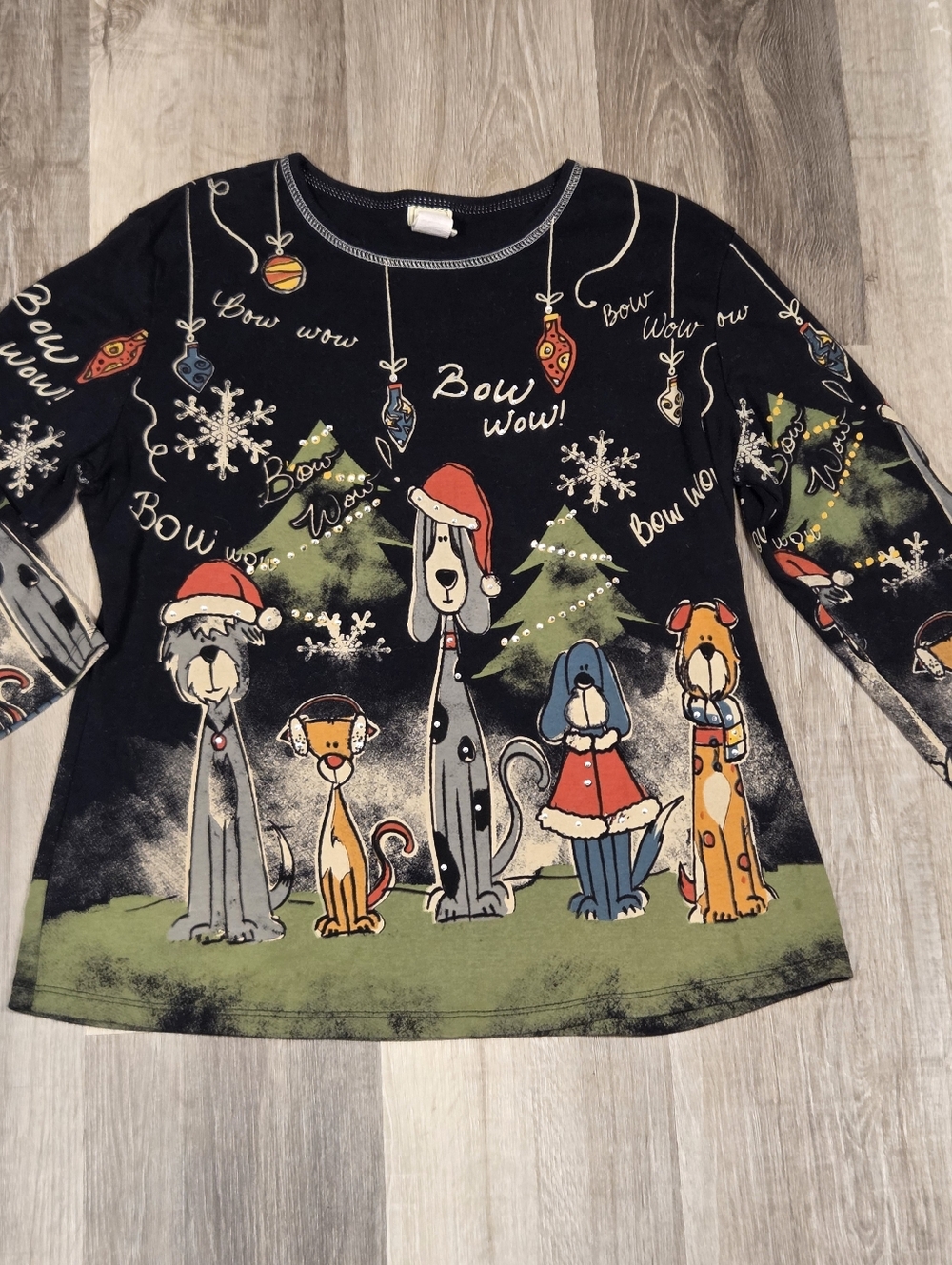 Jess And Jane Bow Wow Christmas Holiday Black Dog Shirt Size Large